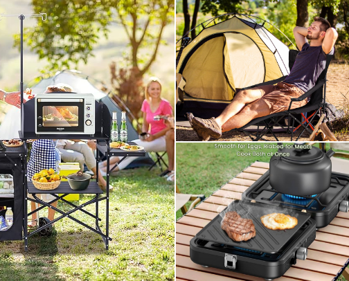 “Camping Essentials for Comfort, Durable Gear for EVERY ADVENTURE.” cover photo collage