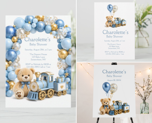 Blue Gold Teddy Bear Train Boy Baby Shower cover photo collage