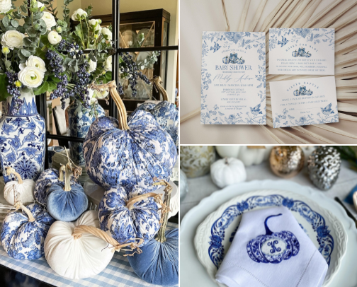 Blue Toile Pumpkin Fall Party Collection cover photo collage
