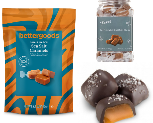 Caramel with sea salt candies cover photo collage