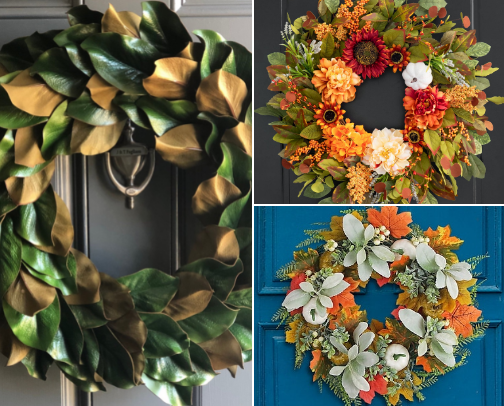 Beautiful floral indoor and outdoor wreathes cover photo collage