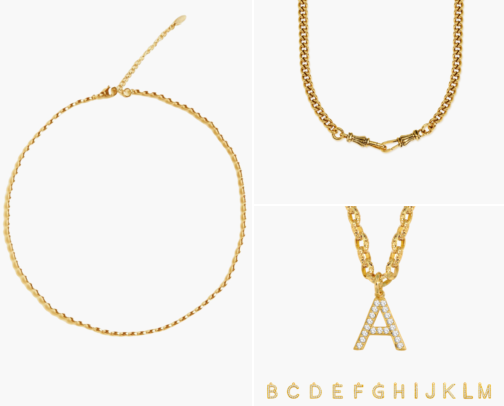 Everyday gold-plated jewelry: layering chains, hoops and a bracelet cover photo collage