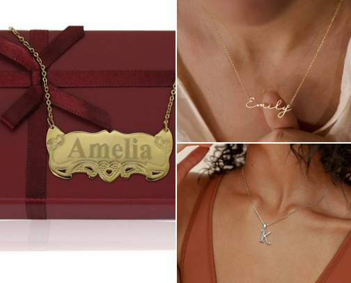 Custom name necklaces (gold-plated, minimalist) cover photo collage