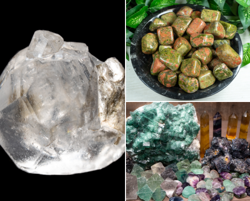 All of the crystals that help me honor the mind body and soul on my spiritual journey🤍 cover photo collage