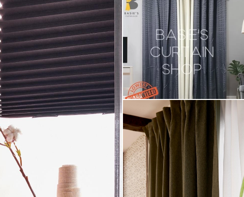 Stylish blinds and curtains cover photo collage