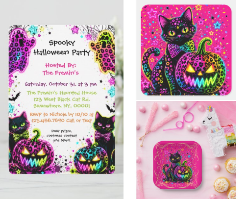 Neon Leopard Halloween Cat & Pumpkin Party cover photo collage
