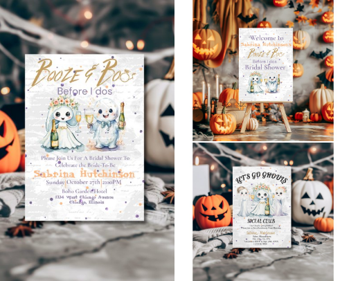 👻 The Ultimate Boozy Ghost Bride & Groom: Fang-tastic Halloween Bridal Shower Suite! cover photo collage