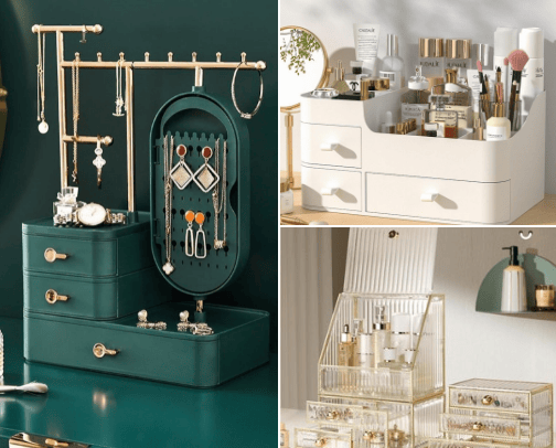 Organizers for makeup and jewelry cover photo collage