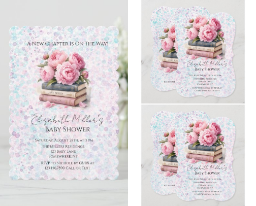 Pink Peonies & Books New Chapter Girl Baby Shower cover photo collage