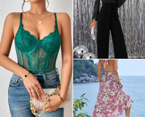 SHEIN Privé Lace Insert Sheer Mesh Bodysuit cover photo collage