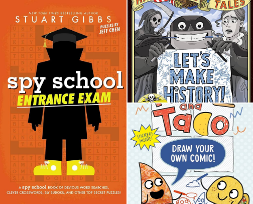 Kids activity books that are extensions of popular books cover photo collage