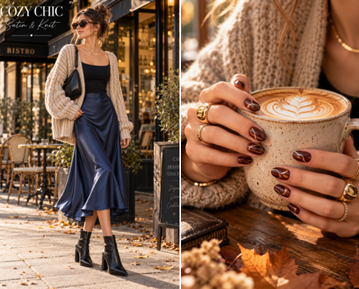 Cozy Chic: Navy Satin Midi Skirt & Chunky Knit Lookbook cover photo collage