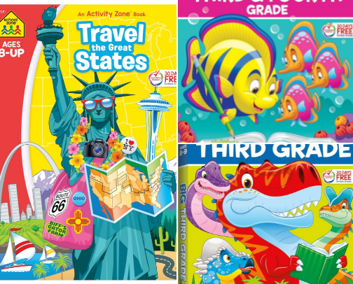 Save & Read - School Zone Travel the Great States Workbook: 64 Pages, 3rd Grade, Geography, Map-Reading, United States, Ages 8+ (Activity Zone Book Series) for young geography learners cover photo collage