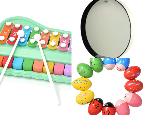 Children’s musical toys and instruments cover photo collage