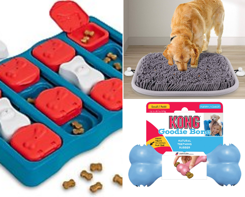 Mentally stimulating toys I love for my dogs when we are stuck inside!! cover photo collage