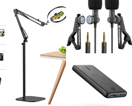 Mobile Tripod + Ring Light
Lapel Microphone (clip on mic)
Portable power bank (10,000 mAh or higher) cover photo collage