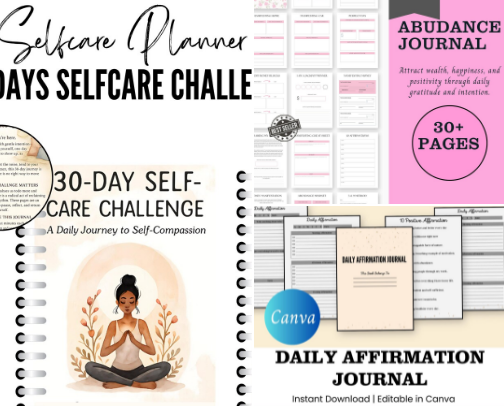Level Up Your Life With these Manifestation, Self Care Digital Journals and Planner cover photo collage