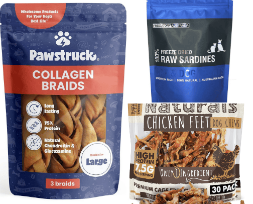 "Treat your furry friend to pure joy with our single-ingredient dog treats! 🐕🍪 100% natural and packed with flavor, they’re the perfect reward for being such a good pup!" cover photo collage