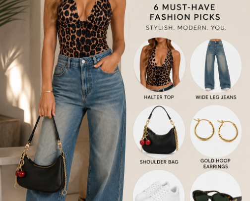 Trendy Leopard Print Outfit with Wide Leg Jeans cover photo collage