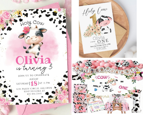 Holy cow I'm One birthday party items cover photo collage