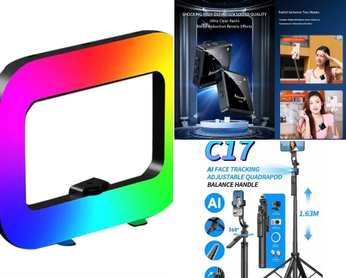 Content creator tools + Phone accessories🎧 cover photo collage