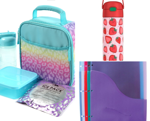 School supplies and lunch bags cover photo collage
