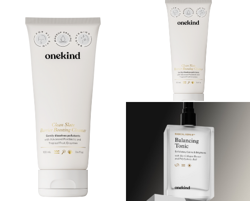 OneKind, a vegan skincare line designed with sensitivity, transparency, and efficacy in mind. cover photo collage