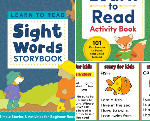 Free PDF - Early literacy picks with Learn to Read: Sight Words Storybook: 25 Simple Stories & Activities for Beginner Readers cover photo collage