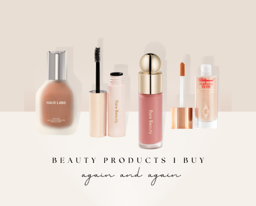 Beauty products I buy again and again! cover photo collage