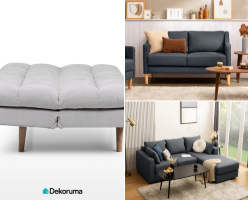 Upgrade your home with this comfy sofa—perfect for relaxing after a long day cover photo collage