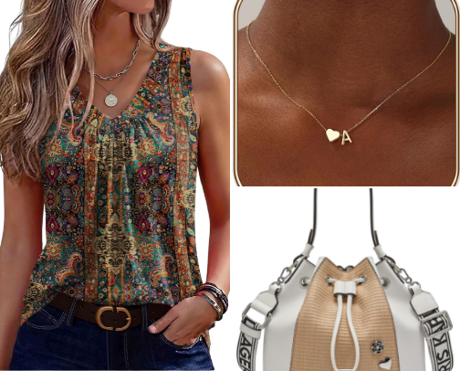Boho Paisley Summer Outfit with Neutral Accessories cover photo collage
