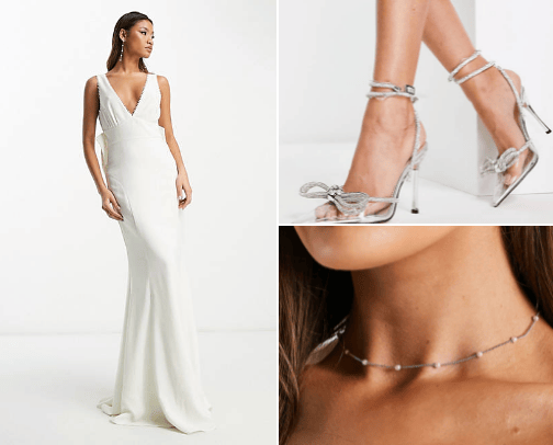 Budget friendly beautiful wedding dresses, jewelry and shoes from ASOS💕 cover photo collage