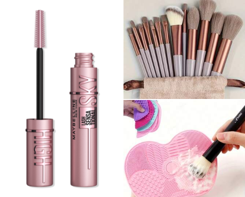 Everyday makeup products cover photo collage