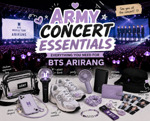 💜 ARMY Concert Essentials | Everything You Need for BTS ARIRANG cover photo collage
