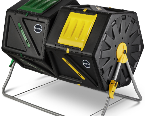 Miracle-Gro Large Dual Chamber Compost Tumbler Easy-Turn, Fast-Working System - All-Season, Heavy-Duty, High Volume Composter with 2 Sliding Doors - Gardening Gloves Included cover photo collage