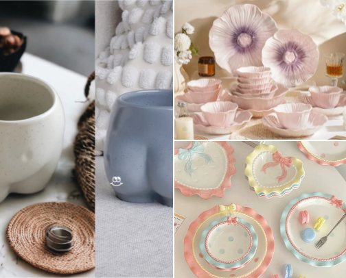 Cute and aesthetic kitchen utensils, tableware. cover photo collage