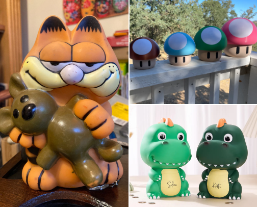 Piggy banks and money boxes cover photo collage
