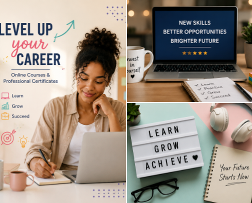 Level Up Your Career: Online Courses & Professional Certificates cover photo collage