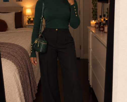 Forest Green Turtleneck & Black Wide-Leg Trousers Outfit 🌲  Classy Fall Fashion cover photo collage