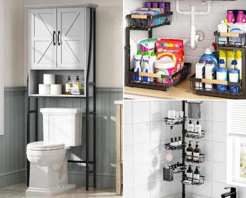 Small Bathroom Must-Haves That Save Space (Tiny Bathroom Organization) cover photo collage