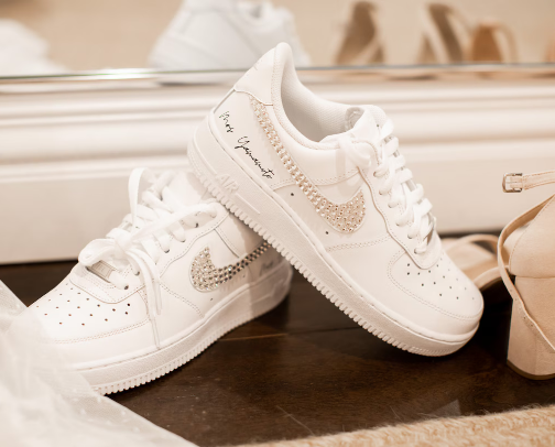 Custom White Nike Air Force 1 with Crystals and Name - perfect for your wedding, bridal shower, party, or a gift cover photo collage