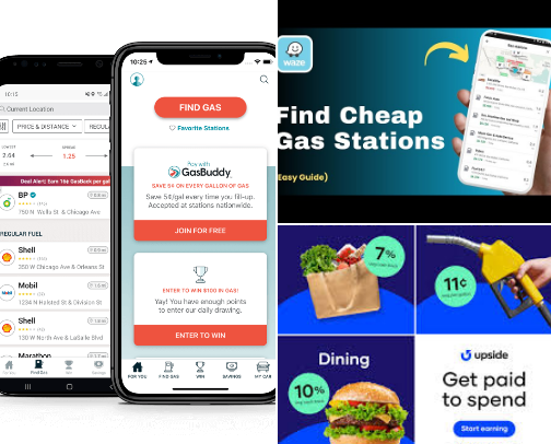 Find the cheapest gas or earn discounts through apps cover photo collage