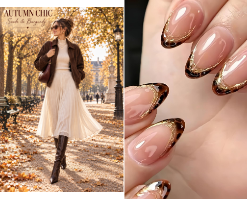 Chic Autumn Suede Jacket & Pleated Skirt Look cover photo collage