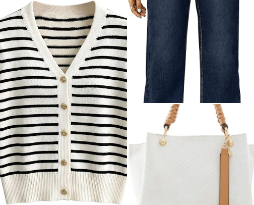 Elegant Jeans Outfit for Women | Striped Sweater, Watch & Tote Bag Style cover photo collage
