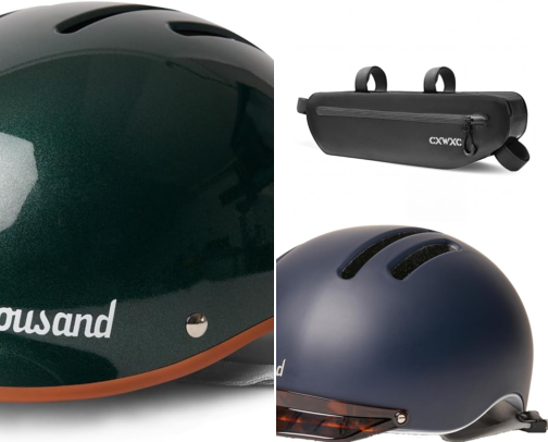 E-bike ride kit: CPSC-compliant helmets, bike bags and a battery case cover photo collage