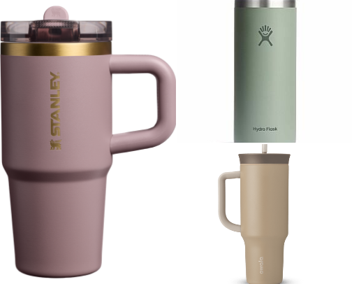 Tumblers | Keep drinks hot or cold for hours with this sleek, spill-proof tumbler—perfect for life on the go. cover photo collage