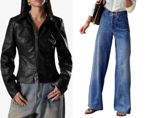 Effortless Chic: Wide-Leg Jeans, White Tee & Leather Jacket Outfit cover photo collage