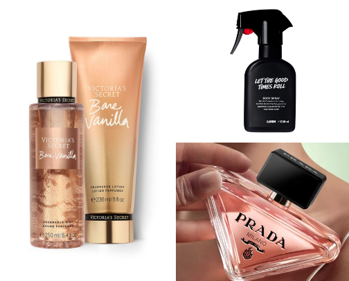 perfumes, mists and body creams cover photo collage