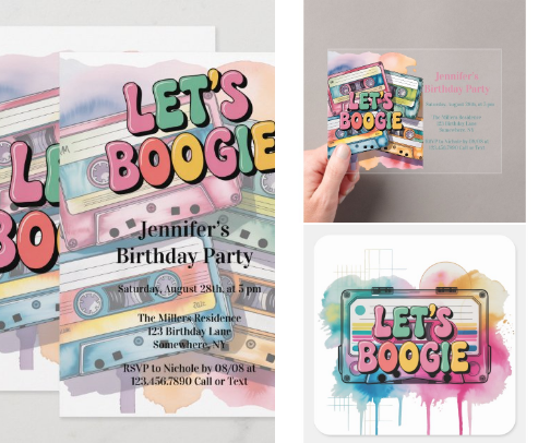 Retro Cassette Tape Let’s Boogie Birthday Party cover photo collage