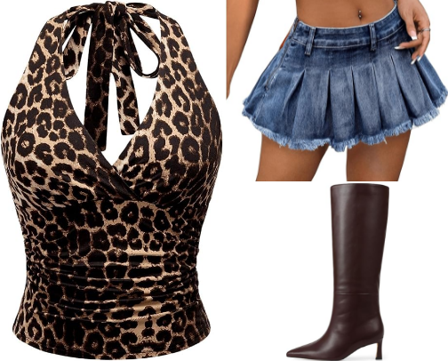 Leopard Halter Top & Denim Pleated Mini Skirt Outfit cover photo collage